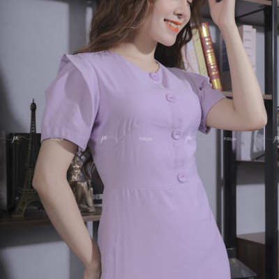 Váy Vải Trơn Cúc Trước Màu Tím Cao Cấp 23V060 Pi Style