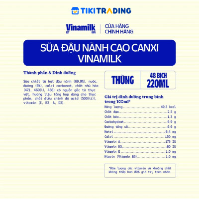 Thùng 48 bịch sữa đậu nành cao canxi Vinamilk 220ml