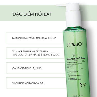 Nước tẩy trang không cồn Sennio Bio Gel Cleanser dạng gel thải độc 2 in 1 phù hợp cho da dầu mụn 200ml SNO 826