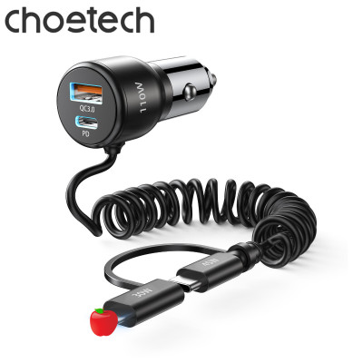 Tẩu sạc trên ô tô 110W Choetech TC0038 tích hợp cáp lò xo Type C kèm đầu nối iP - Hàng chính hãng