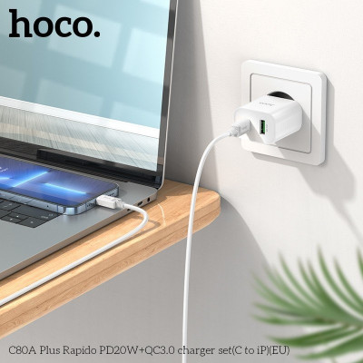 Bộ Sạc Nhanh Dành Cho Hoco. C80A Plus PD20W + QC3.0 Type-C To IP Dây Dài 1m Hàng Chính Hãng