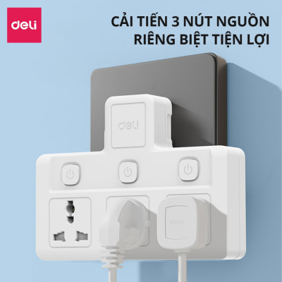 Ổ Cắm Chia Điện Deli, Ổ Cắm Điện Chữ T Công Suất 2500W Tích Hợp Cổng USB &TypeC Sạc Nhanh 20W