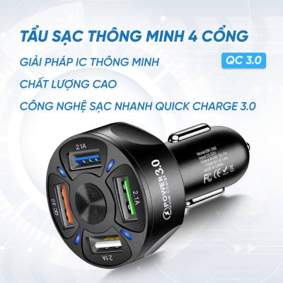 Tẩu Sạc Nhanh Thông Minh Quick Charge 3.0 | Tẩu Sạc Nhanh Thông Minh 4 Cổng USB Công Nghệ Sạc Nhanh Quick Charge 3.0, Tương Thích Nhiều Thiết Bị, Ổn Định Dòng Sạc