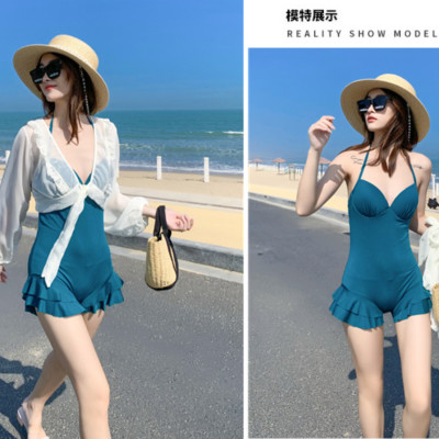 Bộ đồ bơi bikini nữ 1 mảnh giấu bụng tôn dáng đi tắm biển kèm áo ren trắng khoác ngoài chống nắng - B. 04