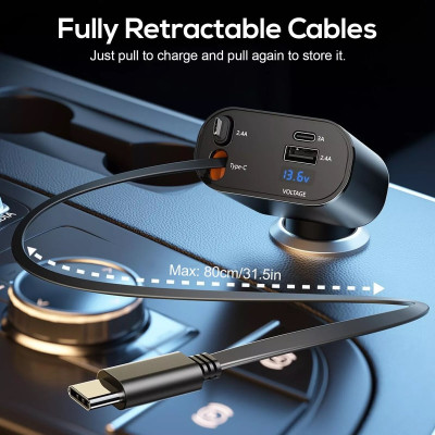 Tẩu Sạc Nhanh Xe Ô Tô TÍCH HỢP DÂY Sạc Type C, Lightning 100W | Hiển Thị Thông Số Sạc, Dây Rút Chống Rối, 4in1