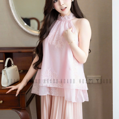 Chân váy dập ly hồng NGADO , chân váy xòe dáng dài