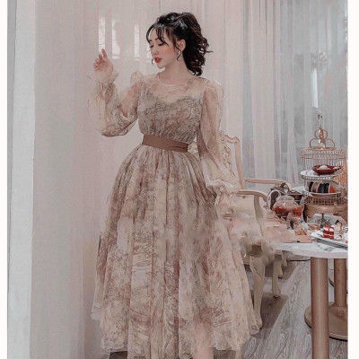 Đầm xòe tơ lụa phối voan