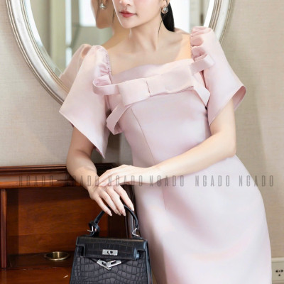 Đầm hồng cổ vuông tay phồng NGADO , đầm dự tiệc , đầm sang trọng