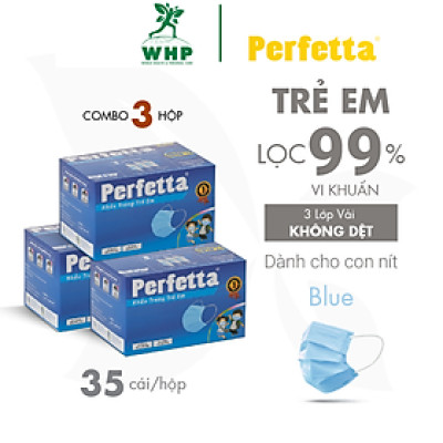 [Combo 3 - PERFETTA CHILDREN] - Khẩu Trang Y Tế Trẻ Em Chất Lượng Cao, Kháng Khuẩn, Chống Bụi Mịn, Màu Xanh, 3 Lớp, Bảo Vệ Tối Ưu, Đóng Gói Từng Cái - (35 cái/hộp)