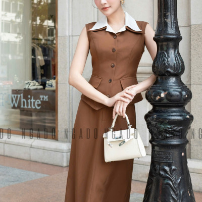 Set áo váy nâu sơ mi NGADO , set áo váy Nữ , set áo váy sơ mi