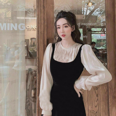 Đầm xòe dự tiệc áo tay dài phối màu xếp ly hàng cao cấp