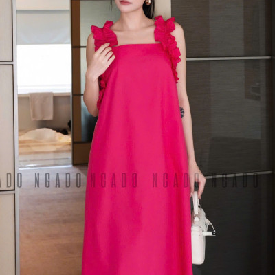 Đầm hồng sen nhún vai NGADO , đầm suông , đầm dài