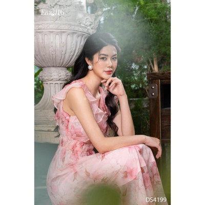 Đầm hoa xòe, cổ tim, bèo thân trên Emspo DS4199