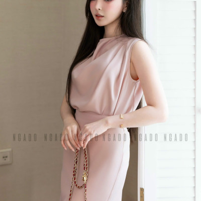 Set áo váy hồng sát nách xếp ly NGADO , set áo váy dài , set áo váy hồng