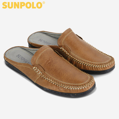 Dép Sapo Bít Mũi Nam Da Bò SUNPOLO SPO218 (Nâu bò, Xanh rêu)