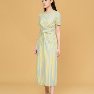 De Leah - Đầm Xoắn Eo Xẻ Trước - Kẻ vàng