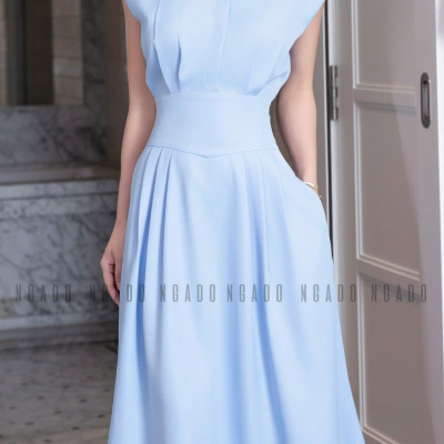 Đầm sơ mi xanh biển xếp ly NGADO , đầm dáng dài , đầm kiểu , đầm sơ mi