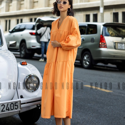 Đầm babydoll cam dài tay NGADO , đầm nữ , Đầm suông , Đầm phom rộng