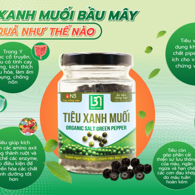 Tiêu xanh muối Organic Bầu Mây 35g - Cay cấp độ 3 với độ cay nồng nàn, cay dẻo vị chanh tươi vị ngon truyền thống, giúp kích thích vị giác, giúp ăn ngon miệng hơn, cải thiện chức năng của hệ tiêu hoá