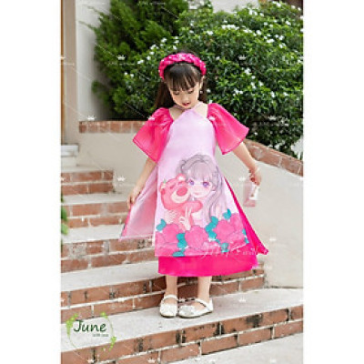 Áo dài tết cho bé gái mẫu Gấu dâu Lotso từ 12-40kg hàng thiết kế cao cấp