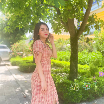 Váy đầm xòe ngắn tay họa tiết kẻ đỏ Floral dress Burny V4003549KD