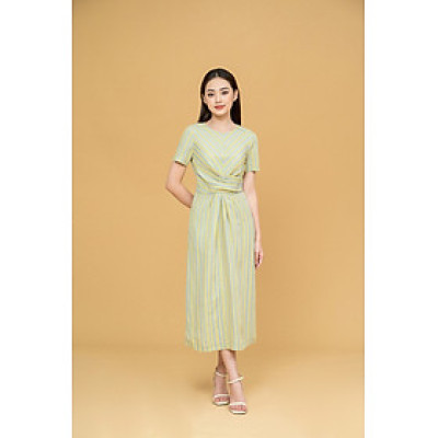 De Leah - Đầm Xoắn Eo Xẻ Trước - Kẻ vàng