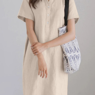 Đầm linen sơ mi nữ dáng mini, thiết kế cổ tàu đóng cúc kín đáo thanh lịch, phong cách trẻ trung NH199