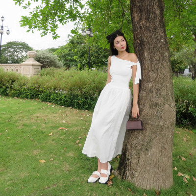 DOTTIE - Đầm midi lệch vai phối vải poplin - D0679