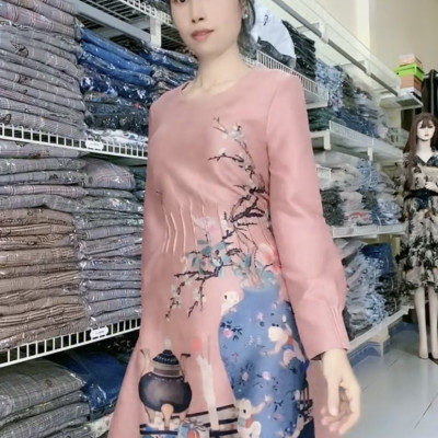 Đầm da lộn eo giảm béo họa tiết in chất lượng cao xinh xắn khác biệt myqlothing.