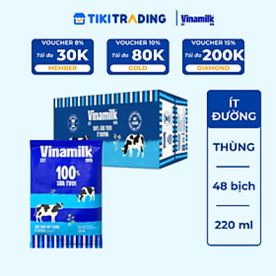 Thùng 48 bịch Sữa tươi tiệt trùng ít đường Vinamilk 100% Sữa tươi 220ml