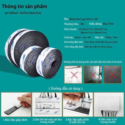 25mmx1m Miếng dán xé, băng dán xé velcro tape có lớp băng keo 2 mặt MÀU ĐEN