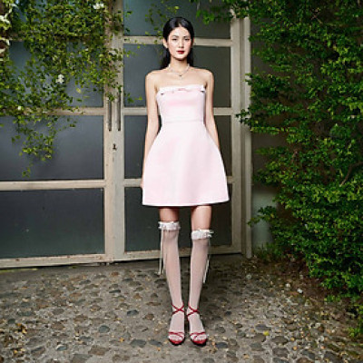 DOTTIE - Đầm ngắn cúp ngực phối nơ - Hồng - D0577