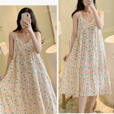 Váy 2 dây cho nữ mặc nhà vải lanh mềm mát, dáng xòe, nhiều họa tiết, freesize từ 45 đến 75 kg