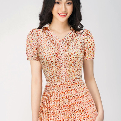 Váy Đầm Nữ Luperi LFV3292 Thiết kế Cổ V phối bèo viền cúc áo kết hợp chân váy xếp ly