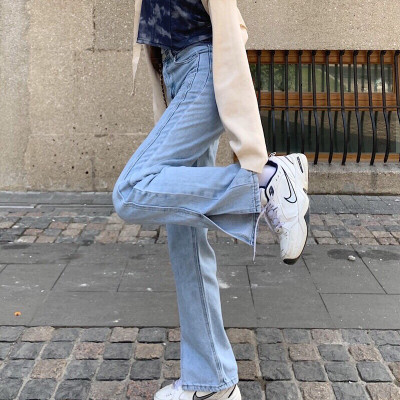 Quần Jeans bò nữ cạp cao lưng cao ống rộng xẻ gấu phong cách ulzzang Hàn Quốc