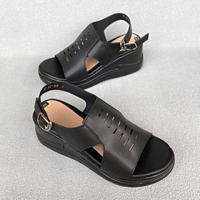 Giày Xăng đan nữ 7cm thời trang đế bằng pu siêu nhẹ màu đen Trường Hải XD145 