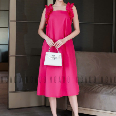 Đầm hồng sen nhún vai NGADO , đầm suông , đầm dài