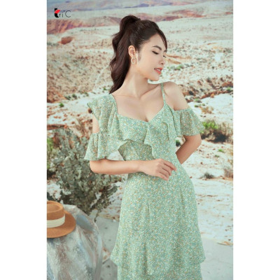 Đầm maxi lệch vai, bèo ngực, chân 2 tầng Tri
