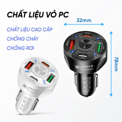 Tẩu Sạc Điện Thoại USB Type C Hỗ Trợ Sạc Nhanh 20W | Tẩu Sạc Điện Thoại 4 Cổng Sạc Tương Thích Với Nhiều Thiết Bị, Có Công Nghệ Sạc Nhanh QC 3.0 PD 20W