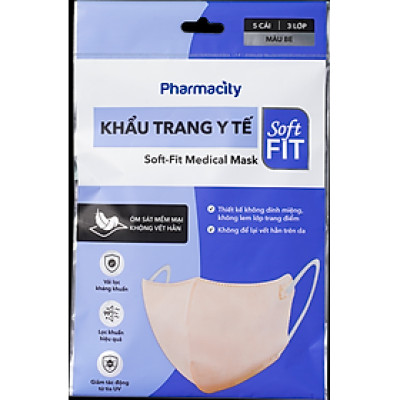 Khẩu trang y tế Soft-Fit Pharmacity (Gói 5 cái) màu be - 3 lớp