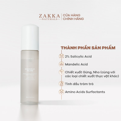 Bộ Đôi Zakka Naturals Sữa Rửa Mặt Mandelic 185ml và Dầu Tẩy Trang 100ml Làm Sạch Gấp Đôi