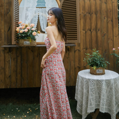 Đầm maxi xẻ tà dàng dài, họa tiết hoa nhí màu đẹp, chất voan tơ cao cấp, váy 2 kiểu mặc: 2 dây và vai trần | MX056