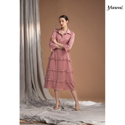 Đầm sơmi lụa hồng nhún tay Maxivic M052306