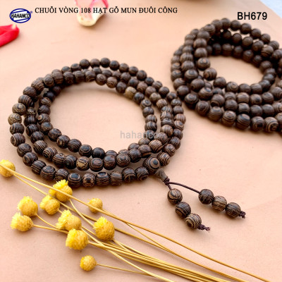 Chuỗi Tràng 108 hạt gỗ Mun Đuôi Công vân gỗ siêu đẹp - An Yên - Thịnh Vượng (BH679) chất gỗ họa tiết mộc mạc, đem lại phong cách độc lạ