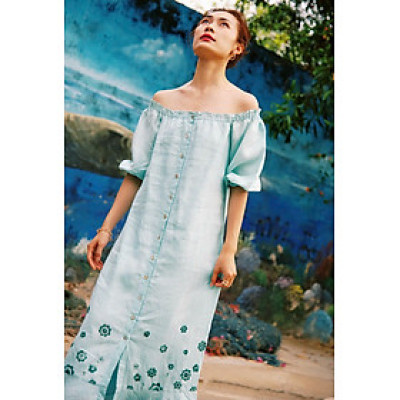 Đầm Midi Linen Thêu Tay Hạ Vy Dre210 thời trang thiết kế Hity
