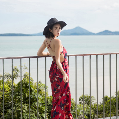 Váy maxi 2 dây lưng trần sexy, họa tiết trang nhã, thích hợp đi biển, dạ hội, sự kiện