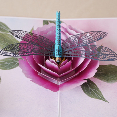 Thiệp 3D Pop Up Chuồn Chuồn & Hoa Mẫu Đơn – Thiệp Hoa Nghệ Thuật, Thiệp Chúc Mừng, Sinh Nhật, F08