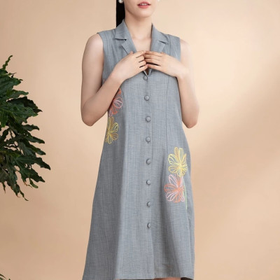 Đầm xô lụa xám thêu, cổ đan tông La Mộc LM022427V