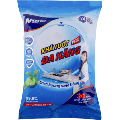 [MUA 5TẶNG 2] Khăn ướt đa năng Nano gói 30 miếng, lau dọn nhà cửa tiện dụng, không hại da tay, có mùi thơm chanh trà xanh - Nano Tissue