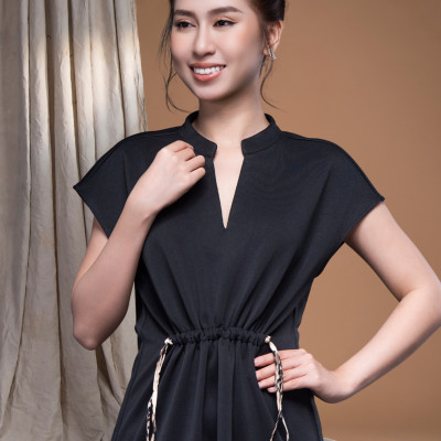 Đầm thun đen cổ sơmi tim, rút dây Maxivic LM062405 [BST Da Beo]